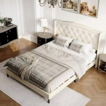 Queen Bed Frame Mid-Century Bed Frame Queen Size with Tufted Polyester Wingback Headboard Strong Wooden Slats Support Queen-Size Platform Bedframe No Box Spring Needed Beige