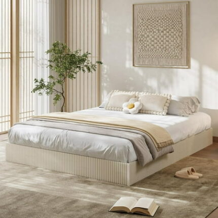 Queen Bed Frame Wood Platform Bed with Fluted Design Low Profile BedFrame Minimalist Bed Base with Noise-Free Easy Assembly No Box Spring Needed Cream