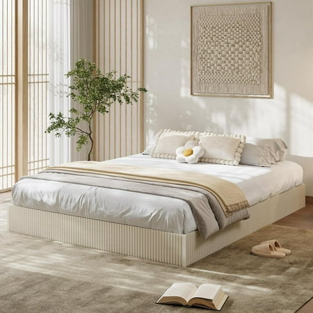 Queen Bed Frame Wood Platform Bed with Fluted Design Low Profile BedFrame Minimalist Bed Base with Noise-Free Easy Assembly No Box Spring Needed Cream Queen Bed Frame Wood Platform Bed with Fluted Design Low Profile BedFrame Minimalist Bed Base with Noise-Free Easy Assembly No Box Spring Needed Cream