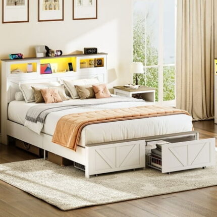 Queen Bed Frame with Headboard Bed Frame Queen Size with Charging Station LED Beds with 2 Storage Drawers Wood Farmhouse Bedframe Queen-Size Noise-Free and No Box Spring Needed