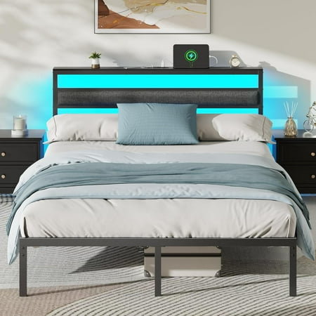 Queen Bed Frame with Led Lights and Charging Station Bed Queen Size Frame with Headboard and Under Bed Storage Black Metal Platform Bedframe and Storage Shelf Easy Install Queen Bed Frame with Led Lights and Charging Station Bed Queen Size Frame with Headboard and Under Bed Storage Black Metal Platform Bedframe and Storage Shelf Easy Install