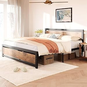Queen Size Bed Frame with Headboard Industrial Queen Platform Bedframe No Box Spring Needed Easy Assemble Noise Free Queen Bed Mattress Base Rustic Brown