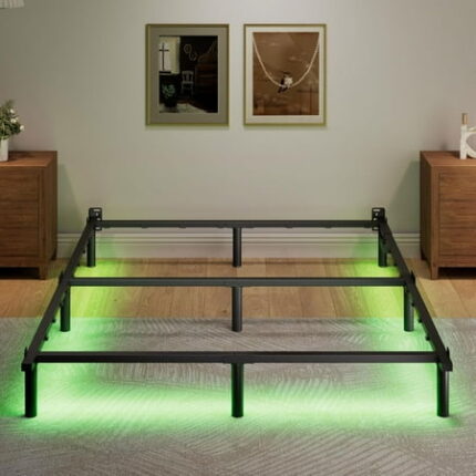 Queen Size Bed Frame with LED 7 Inch Metal Steel Bedframe for Box Spring and Mattress Heavy Duty Basics Bed Base Noise Free Easy Assembly Black Adjustable