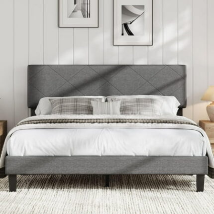 Queen Size Bed Frame with Upholstered Headboard Queen Platform Bedframe with Wooden Slats Support Easy Assembly Mattress Foundation No Box Spring Needed & Noise Free - Dark Grey