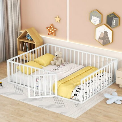 Queen Size Metal Floor Bed Montessori Bed Frame with Safety Guardrails and Door Metal Montessori Bedframe for Child Girls Boys No Box Spring Needed White