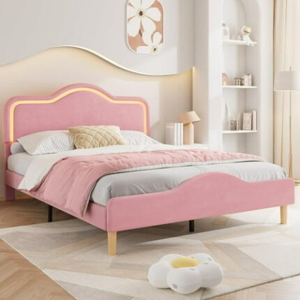 Queen Size Velvet LED Bed Frame with Adjustable Headboard Princess Platform Bedframe for Girls No Box Spring Needed Rose