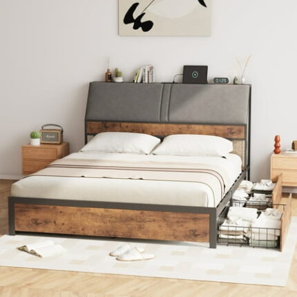 RONSHIN Bed Frame with Tall Ergonomic Upholstered Headboard Charging Station & Hidden Storage 3-Tier Sturdy Metal Platform Bedframe Easy Assembly No Box Spring Needed Vintage