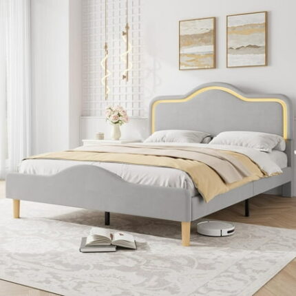 Senfot Full Size Bed Frame with Adjustable LED Headboard Velvet Upholstered Princess Platform Bedframe Wooden Slats Support No Box Spring Needed