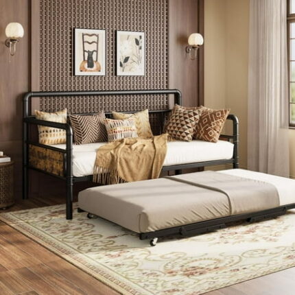 Sofa BedFrame Daybed With Trundle Twin Daybed and Foldable Metal Trundle Bed With Pop Up Trundle Set Metal Twin Bed Frame Heavy Duty Steel Slats Support