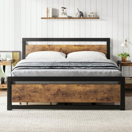 Studyset Full Size Bed Frame Industrial Full Bed Platform with Headboard No Box Spring Needed 14 Inch Easy Assemble Full Mattress Bedframe Easy Assemble Noise Free Retro Brown