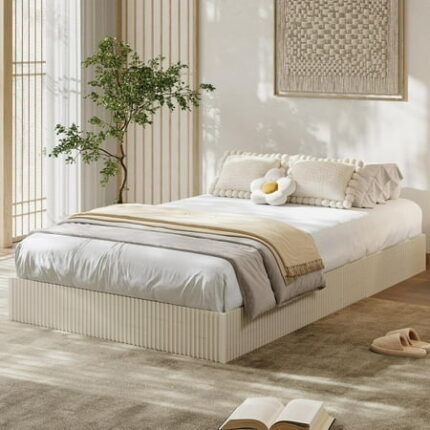 Twin Bed Frame Wood Platform Bed with Fluted Design Low Profile BedFrame Minimalist Bed Base with Noise-Free Easy Assembly No Box Spring Needed Cream