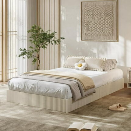Twin Bed Frame Wood Platform Bed with Fluted Design Low Profile BedFrame Minimalist Bed Base with Noise-Free Easy Assembly No Box Spring Needed Cream