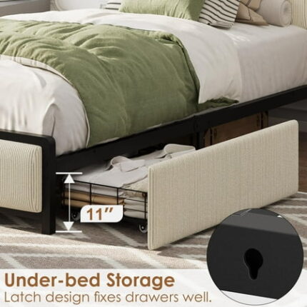 Twin Bed Frame with 2 Storage Drawers and Charging Ports Velvet Upholstered Platform Bedframe Headboard Storage for Phones Books Easy Assembly Noise Free Beige