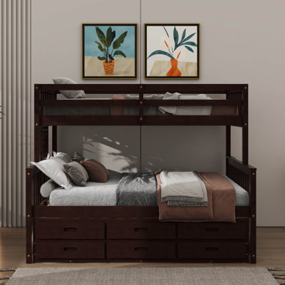 Twin-Over-Full Convertible Bunk Bed Frame With Detachable Ladders Wooden Split Bedframe With Trundle Plus Drawers