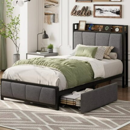 Twin Size Bed Frame with 2 Storage Drawers Upholstered Platform Bedframe with Storage Headboard & Charging Station No Box Spring Needed Easy Assembly Gray