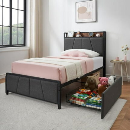 Twin Size Bed Frame with 2 Storage Drawers and Charging Station Upholstered Platform Bedframe with Storage Headboard Heavy Duty No Box Spring Needed Easy Assembly Noise Free Grey