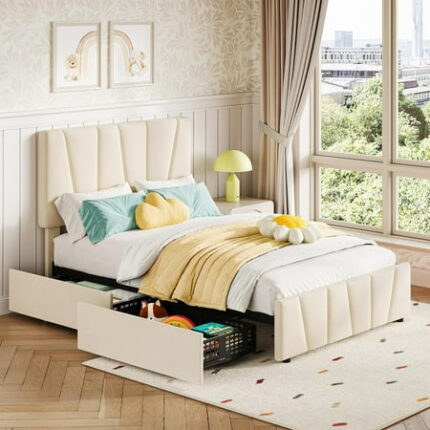 Twin Size Bed Frame with Adjustable Headboard and 2 Storage Drawers Velvet Upholstered Tufted Twin Platform Bed Frames with Wooden Slats Support Bedframe No Box Spring Needed Beige/Cream