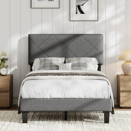Twin Size Bed Frame with Upholstered Headboard Twin Platform Bedframe with Wooden Slats Support Easy Assembly Mattress Foundation No Box Spring Needed & Noise Free - Dark Grey