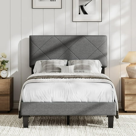 Twin Size Bed Frame with Upholstered Headboard Twin Platform Bedframe with Wooden Slats Support Easy Assembly Mattress Foundation No Box Spring Needed & Noise Free - Dark Grey Twin Size Bed Frame with Upholstered Headboard Twin Platform Bedframe with Wooden Slats Support Easy Assembly Mattress Foundation No Box Spring Needed & Noise Free - Dark Grey