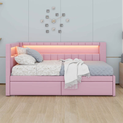 Twin Size Linen Fabric Daybed With LED Lights And USB Ports,Soft Day Bed Frame With 2 Drawers, Bedroom Furniture Bedframe For Apartment