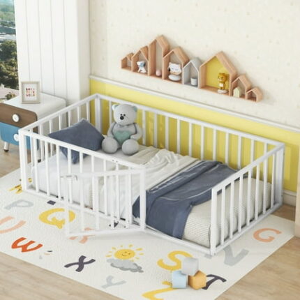 Twin Size Metal Floor Bed Montessori Bed Frame with Safety Guardrails and Door Metal Montessori Bedframe for Child Girls Boys No Box Spring Needed White