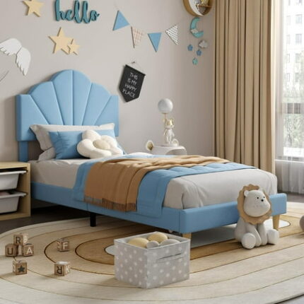 Twin XL Size Bed Frame with Upholstered Headboard Velvet Platform Bedframe Mattress Foundation Strong Wood Slat Support No Box Spring Needed