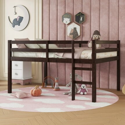 URTR Full Size Low Loft Bed with Rails and Ladder Rubber Wood Full Loft Bed Frame with Large Under-Bed Space Low Profile Bedframe for Bedroom Espresso