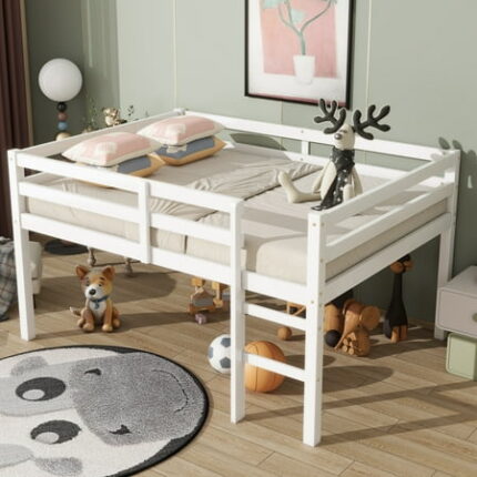 URTR Full Size Low Loft Bed with Rails and Ladder Rubber Wood Full Loft Bed Frame with Large Under-Bed Space Low Profile Bedframe for Bedroom White