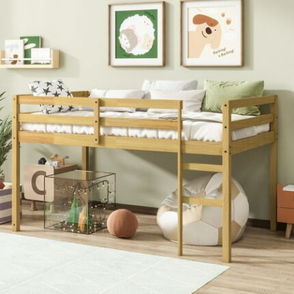 URTR Twin Size Low Loft Bed with Rails and Ladder Rubber Wood Twin Loft Bed Frame with Large Under-Bed Space Low Profile Bedframe for Bedroom Natural
