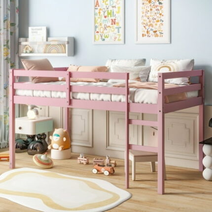URTR Twin Size Low Loft Bed with Rails and Ladder Rubber Wood Twin Loft Bed Frame with Large Under-Bed Space Low Profile Bedframe for Bedroom Pink