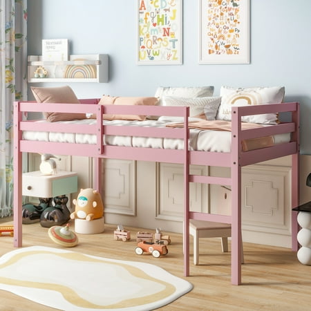 URTR Twin Size Low Loft Bed with Rails and Ladder Rubber Wood Twin Loft Bed Frame with Large Under-Bed Space Low Profile Bedframe for Bedroom Pink URTR Twin Size Low Loft Bed with Rails and Ladder Rubber Wood Twin Loft Bed Frame with Large Under-Bed Space Low Profile Bedframe for Bedroom Pink