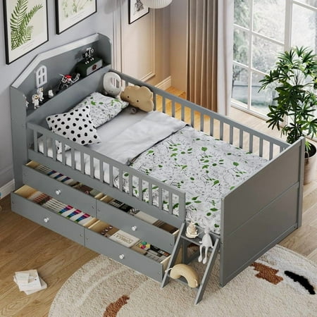 URTR Twin Size Platform Bed Frame with Guardrail Headboard Ladder & 4 Storage Drawers Wooden Twin Bedframe for Bedroom No Box Spring Needed Gray URTR Twin Size Platform Bed Frame with Guardrail Headboard Ladder & 4 Storage Drawers Wooden Twin Bedframe for Bedroom No Box Spring Needed Gray