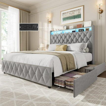 Upholstered King Size Bed Frame Velvet Platform Bedframe with 4 Storage Drawers & USB Charging Station No Box Spring Needed Easy Assembly Gray