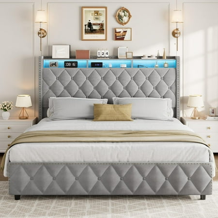 Upholstered King Size Bed Frame with Tall Headboard 50.8in Tall Velvet King Platform Bedframe with 4 Storage Drawers & USB Charging Station No Box Spring Needed Easy Assembly Grey Upholstered King Size Bed Frame with Tall Headboard 50.8in Tall Velvet King Platform Bedframe with 4 Storage Drawers & USB Charging Station No Box Spring Needed Easy Assembly Grey