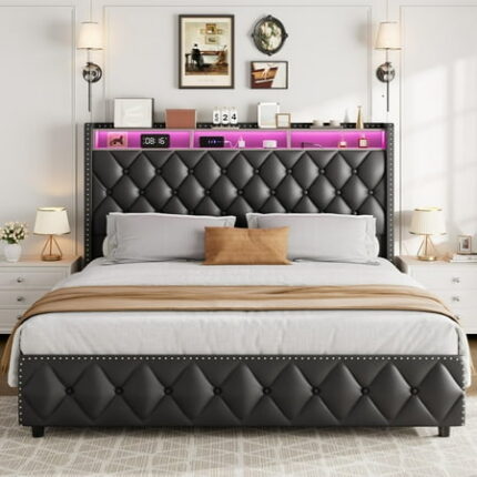 Upholstered King Size Bed Frame with Tall Headboard 50.8in Tall Velvet King Platform Bedframe with 4 Storage Drawers & USB Charging Station No Box Spring Needed Easy Assembly Black