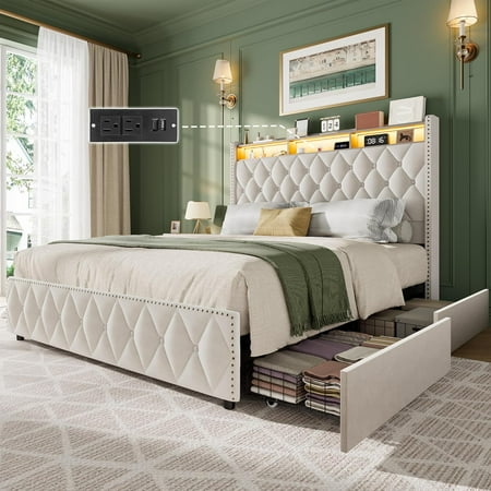 Upholstered Queen Size Bed Frame Velvet Platform Bedframe with 4 Storage Drawers & USB Charging Station No Box Spring Needed Easy Assembly Beige Upholstered Queen Size Bed Frame Velvet Platform Bedframe with 4 Storage Drawers & USB Charging Station No Box Spring Needed Easy Assembly Beige