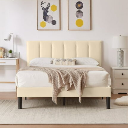 VECELO Full Bed Frame with Upholstered Headboard Heavy-Duty Platform Bedframe with Strong Wooden Slats Support No Boxing Spring Needed Beige