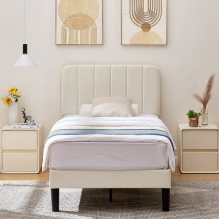 VECELO Twin Size Bed Frame with Upholstered Headboard Velvet Platform Bedframe Mattress Foundation Strong Wood Slat Support No Box Spring Needed Velvet Beige