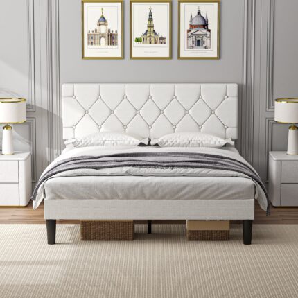 Vecelo - Full Size Bed Frame with Button Tufted Headboard,Upholstered Platform Bedframe with Wood Slat Support - White