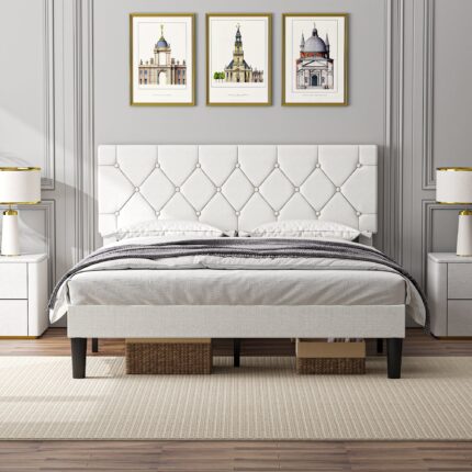 Vecelo - Queen Size Bed Frame with Button Tufted Headboard,Upholstered Platform Bedframe with Wood Slat Support - White