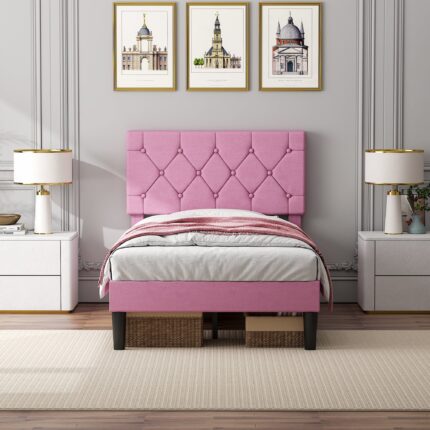 Vecelo - Twin Size Bed Frame with Button Tufted Headboard,Upholstered Platform Bedframe with Wood Slat Support - Pink