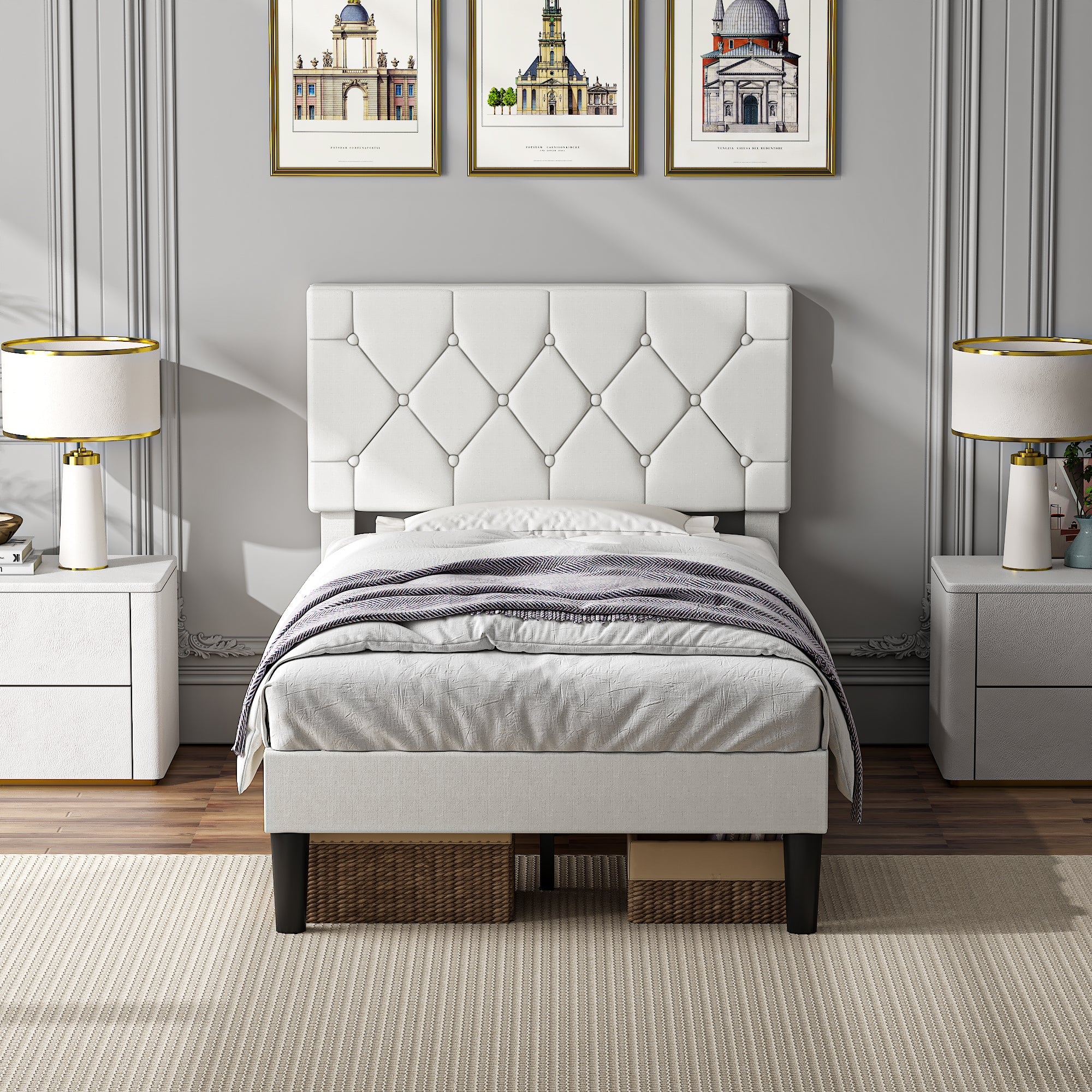 Vecelo - Twin Size Bed Frame with Button Tufted Headboard,Upholstered Platform Bedframe with Wood Slat Support - White Vecelo - Twin Size Bed Frame with Button Tufted Headboard,Upholstered Platform Bedframe with Wood Slat Support - White