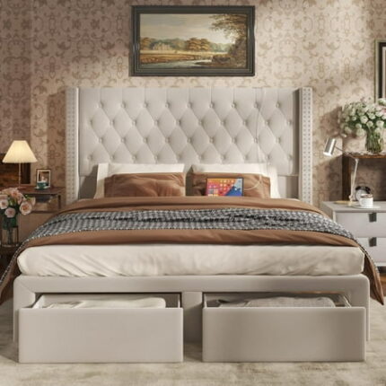 Velvet Upholstered Bed Frame Queen with Headboard and Storage Tall Bed Frame with 2 Drawers Tufted Wingback Bedframe Queen Size LED Light Charging Station No Box Spring Needed Cream