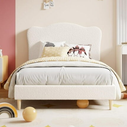 White Twin Size Bed Frame for Kids with Cute Headboard Upholstered Twin Platform Bed for Girls Boys No Box Spring Needed Velvet Bedframe with Wooden Slats Noise Free