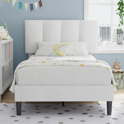 XH Twin Bed Frame with Upholstered Headboard Heavy-Duty Platform Bedframe with Strong Wooden Slats Support No Boxing Spring Needed Pure White