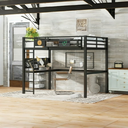 YINGYING Queen Size Loft Bed with Desk Metal Loft Bed Frame with Storage Basket Space-Saving Loft Bedframe with Clock & Charging Port YINGYING Queen Size Loft Bed with Desk Metal Loft Bed Frame with Storage Basket Space-Saving Loft Bedframe with Clock & Charging Port