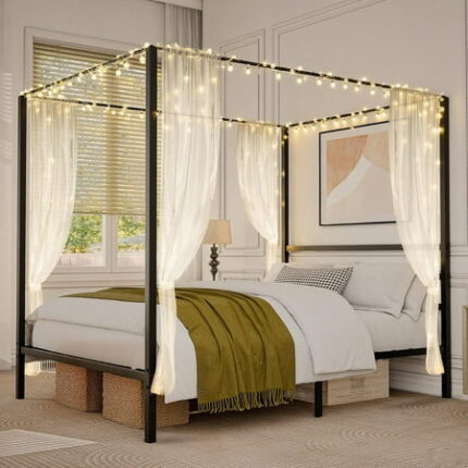 ZDTL Queen Size Canopy Bed Frame Metal Bedframe with Built-in Headboard Four Poster 14 Inch Platform Mattress Foundation Sturdy Slatted Structure No Box Spring Needed Easy Assembly Black