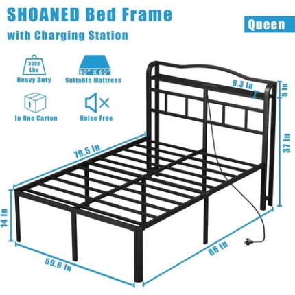 14 Inch Metal Bed Frame - Queen Size Black Heavy Duty Bedframe Platform Basic Mattress Foundation with Headboard & Charging Station No Box Spring Needed/Easy Assembly/No Noise