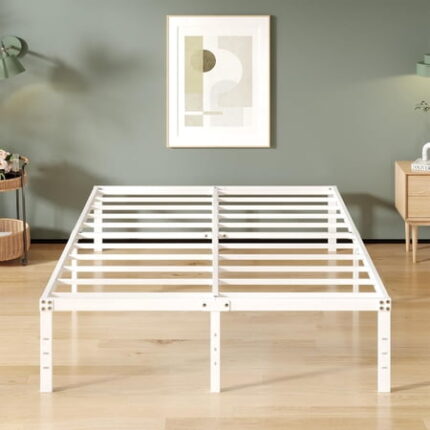 16 Inch White Queen Bed Frame No Box Spring Required Metal Platform Queen Size Bed Frames with High Storage Eassy Assembly 3 500 lbs Heavy Duty Bedframes