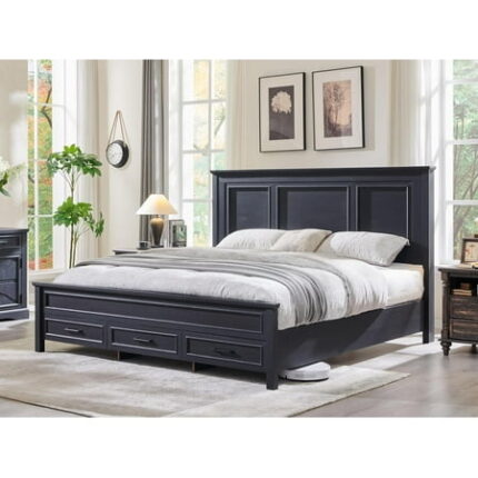 ACCOHOHO Farmhouse King Size Bed Frame with 52 Tall Full-Panel Headboard Wood Platform Bedframe with Footboard and Storage Drawers No Squeak No Box Spring Needed Antique Black
